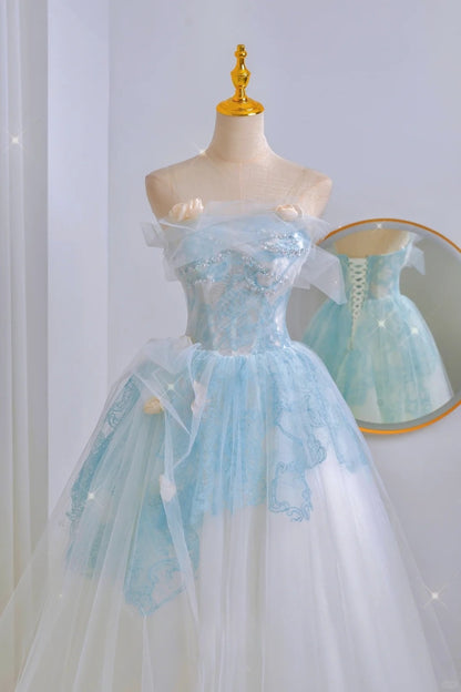 Einzigartiges Ballkleid trägerloses blaues Spitzen-Abschlussballkleid, langes Partykleid zum 20. Geburtstag, Outfits, formelles Kleid AU058