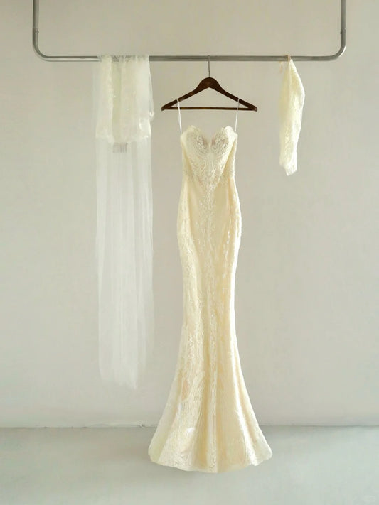 Modest Mermaid Sweetheart Ivory Lace Groom Bride Gown Bridal Dress Modest Wedding Dresses RB7684