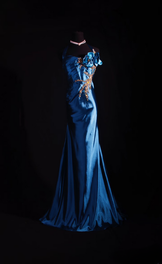 Vintage-Abendkleider im 90er-Jahre-Stil, formelles Meerjungfrauen-Neckholder-Abendkleid aus marineblauem Satin, Inspiration für lange Abendkleider AU059