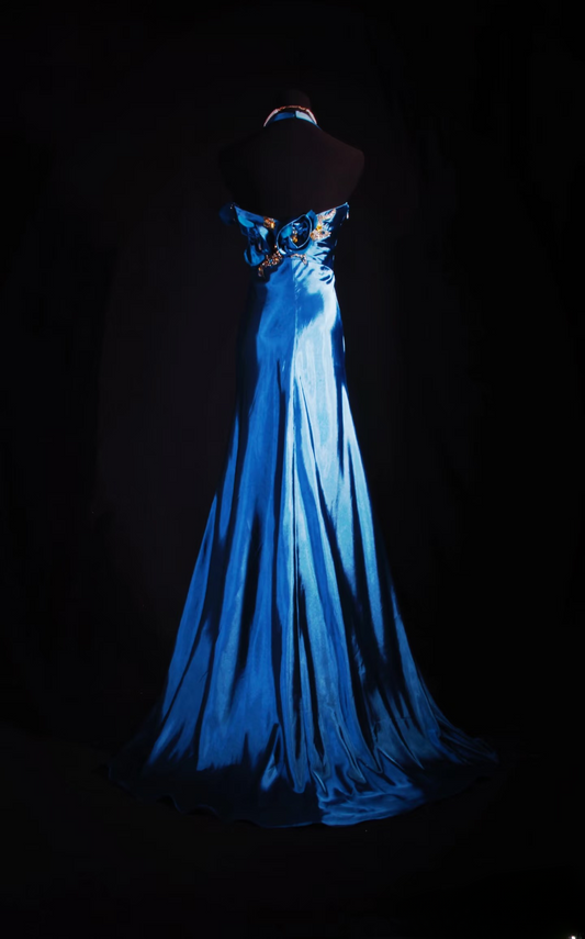 Vintage-Abendkleider im 90er-Jahre-Stil, formelles Meerjungfrauen-Neckholder-Abendkleid aus marineblauem Satin, Inspiration für lange Abendkleider AU059