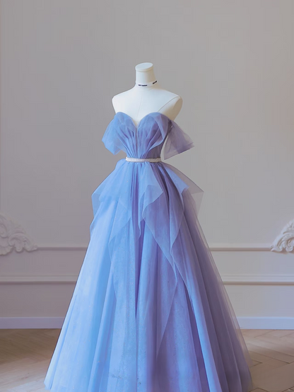 Modest Ball Gown Off The Shoulder Tulle Blue Floor Length Prom Dresses Inspiration Prom Dress Princess Graduation Dress AU060