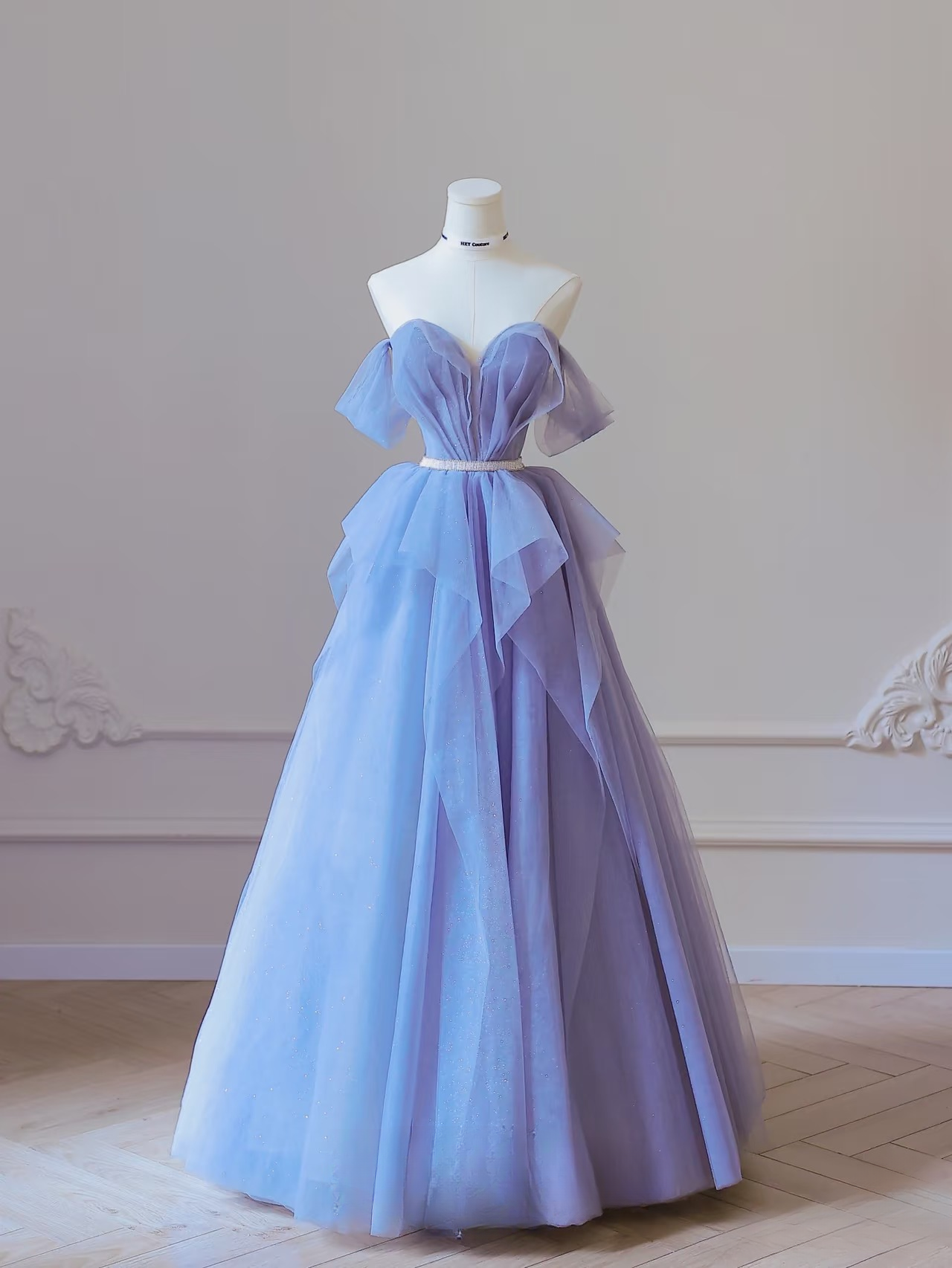 Modest Ball Gown Off The Shoulder Tulle Blue Floor Length Prom Dresses Inspiration Prom Dress Princess Graduation Dress AU060