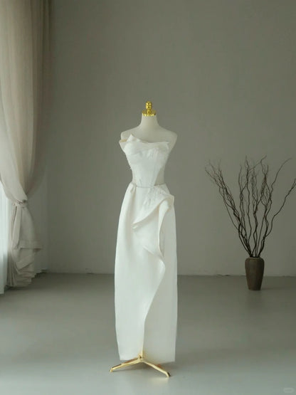 Simple A line Strapless White Satin With Ruffled Groom Bride Gown Bridal Dress Modest Wedding Dresses RB7685