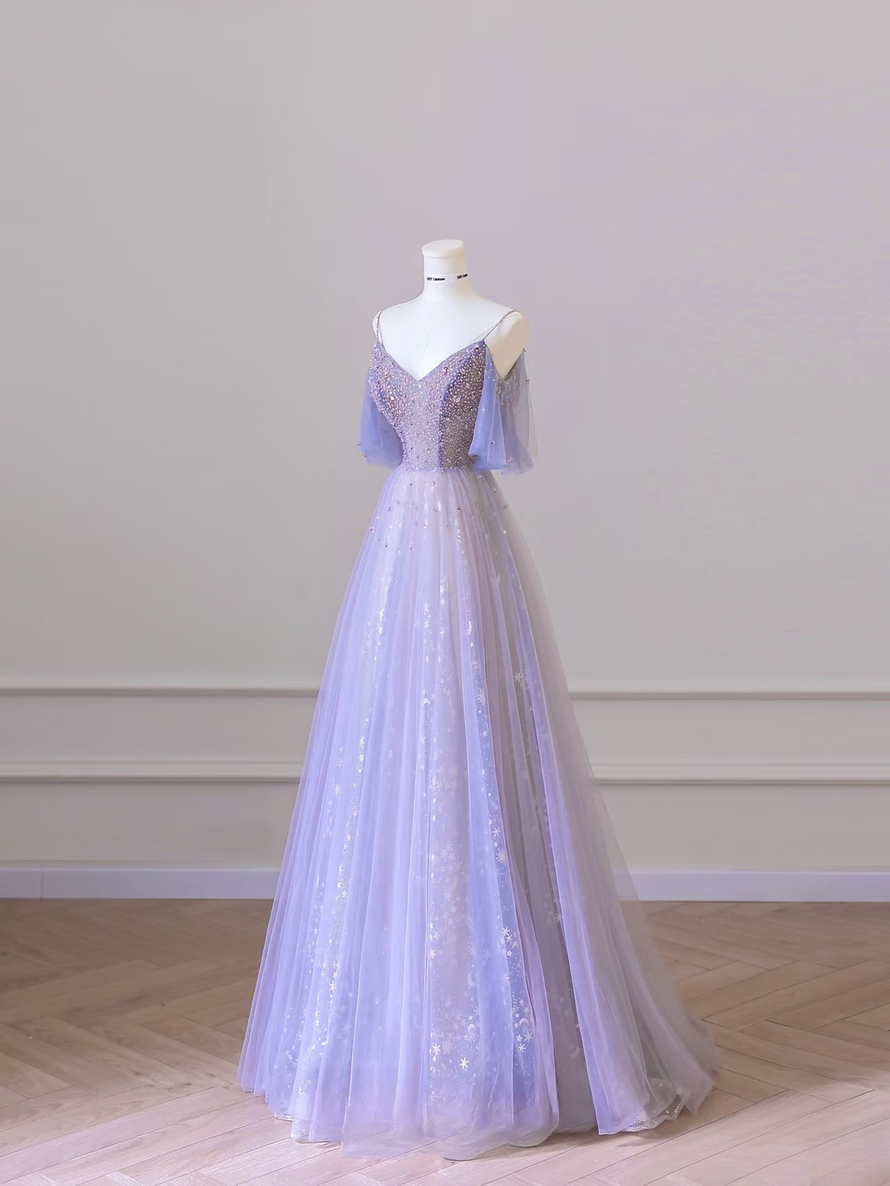 Classy A Line Spaghetti Straps Tulle Lilac Long Prom Dresses Inspiration Trending Prom Gowns Formal Prom Dress AU064