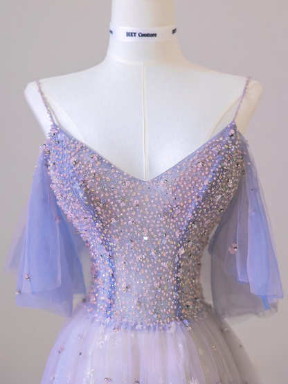 Classy A Line Spaghetti Straps Tulle Lilac Long Prom Dresses Inspiration Trending Prom Gowns Formal Prom Dress AU064