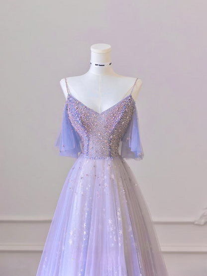 Classy A Line Spaghetti Straps Tulle Lilac Long Prom Dresses Inspiration Trending Prom Gowns Formal Prom Dress AU064