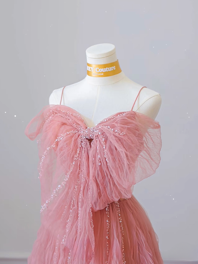 Classy A Line Spaghetti Straps Tulle Pink Long Prom Dresses Inspiration Trending Prom Gowns Formal Prom Dress AU065