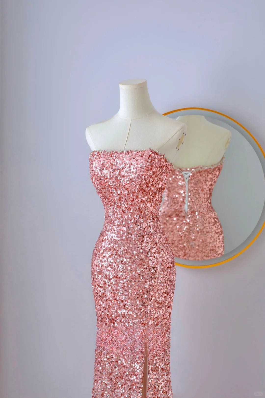 Robe de bal élégante style sirène, bustier, paillettes roses, longueur au sol, fendue, tenue d'anniversaire, AU067