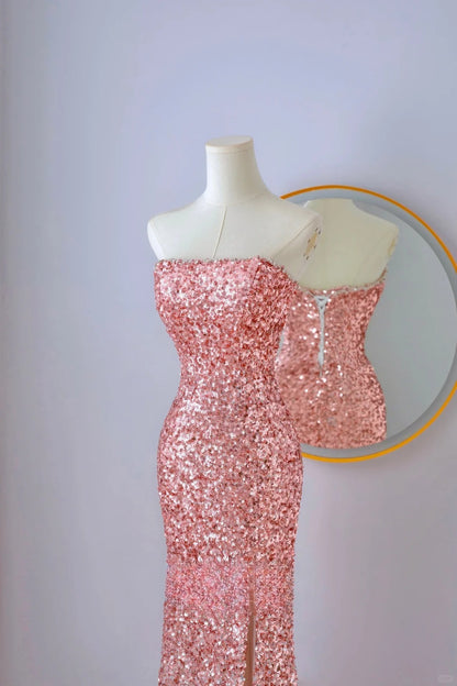 Robe de bal élégante style sirène, bustier, paillettes roses, longueur au sol, fendue, tenue d'anniversaire, AU067