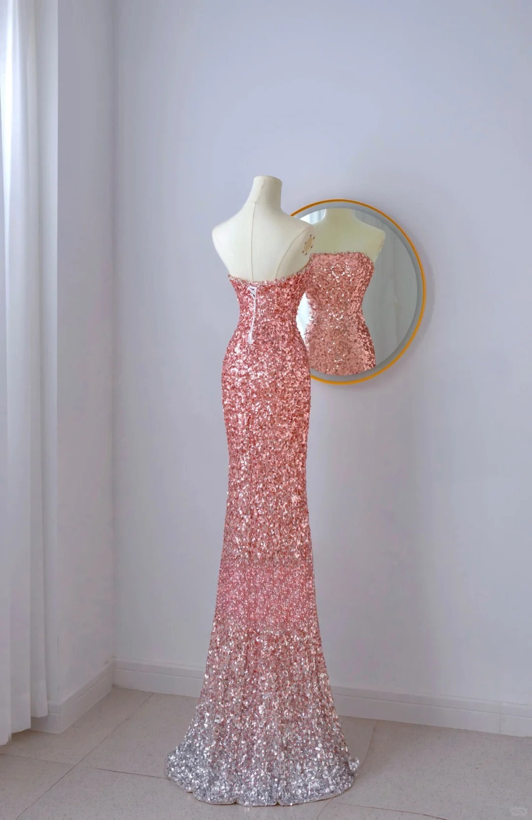 Robe de bal élégante style sirène, bustier, paillettes roses, longueur au sol, fendue, tenue d'anniversaire, AU067