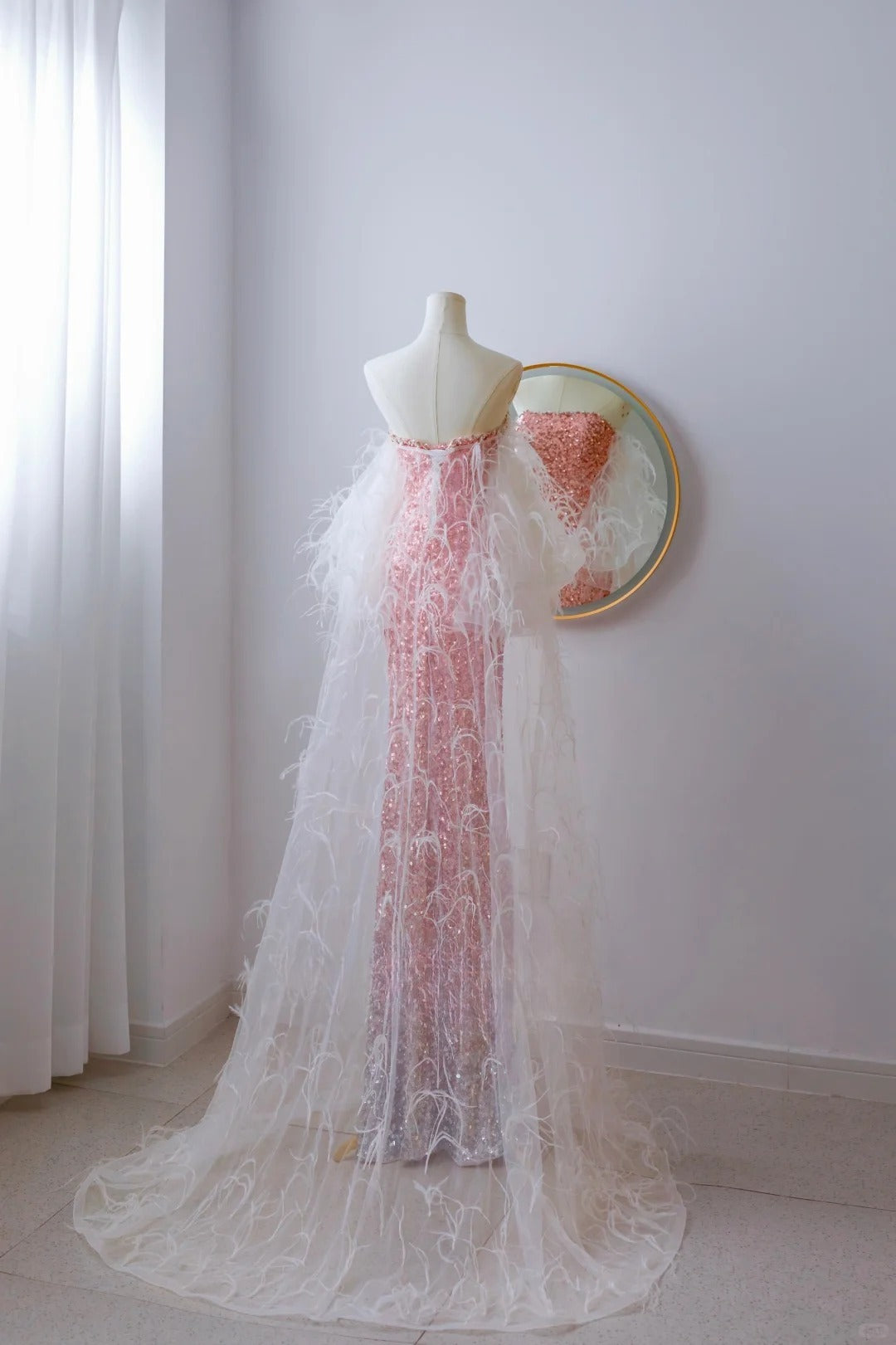 Robe de bal élégante style sirène, bustier, paillettes roses, longueur au sol, fendue, tenue d'anniversaire, AU067