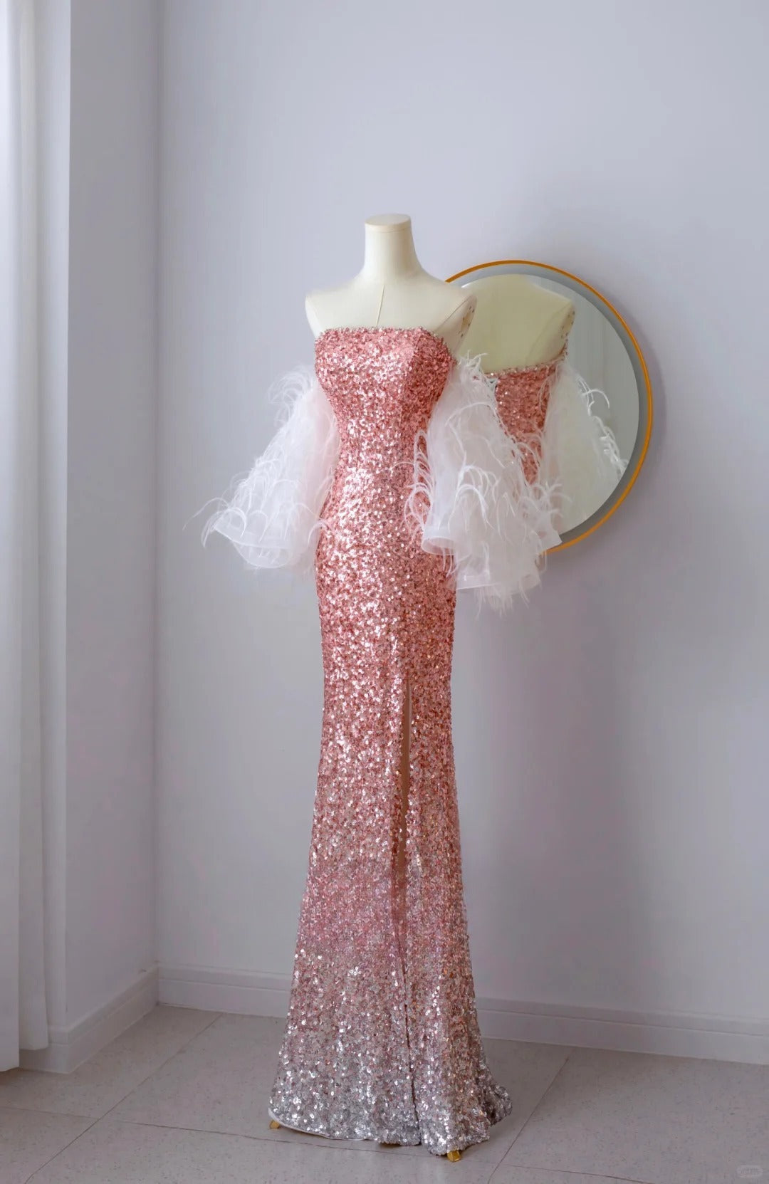 Robe de bal élégante style sirène, bustier, paillettes roses, longueur au sol, fendue, tenue d'anniversaire, AU067