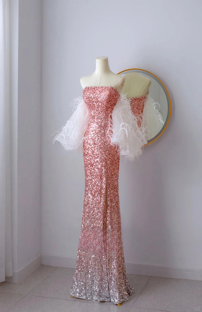 Robe de bal élégante style sirène, bustier, paillettes roses, longueur au sol, fendue, tenue d'anniversaire, AU067