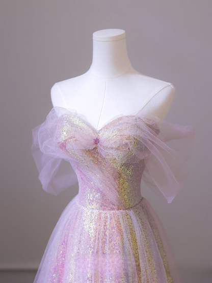 Beautiful A line Off The Shoulder Sequin Pink Prom Dresses Inspiration Prom Dress Princess Graduation Dress AU068