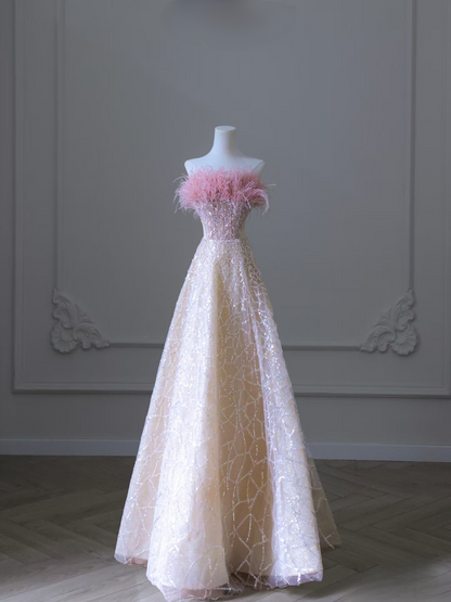 Classy A Line Strapless Sequin Pink Long Prom Dresses Inspiration Trending Prom Gowns Formal Prom Dress AU069