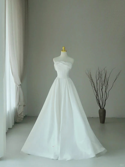 Simple A line Strapless White Satin With Ruffled Groom Bride Gown Bridal Dress Modest Wedding Dresses RB7687