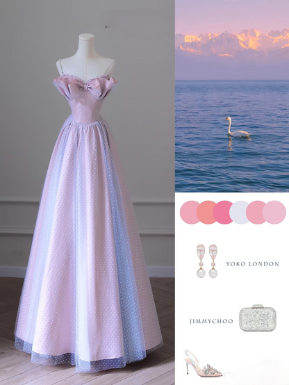 Classy A Line Spaghetti Straps Tulle Pink Pearls Long Prom Dresses Inspiration Trending Prom Gowns Prom Dress AU071