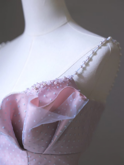 Classy A Line Spaghetti Straps Tulle Pink Pearls Long Prom Dresses Inspiration Trending Prom Gowns Prom Dress AU071