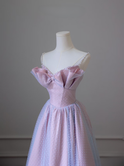 Classy A Line Spaghetti Straps Tulle Pink Pearls Long Prom Dresses Inspiration Trending Prom Gowns Prom Dress AU071