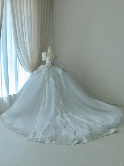 Princess Ball Gown Sweetheart Blue Tulle With Ruffled Puffy Sleeves Groom Bride Gown Bridal Dress Modest Wedding Dresses RB7688