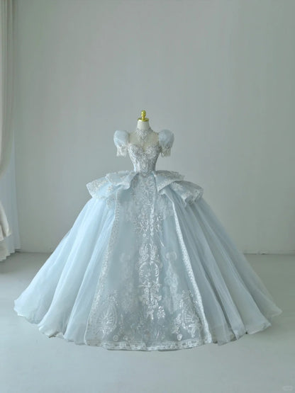 Princess Ball Gown Sweetheart Blue Tulle With Ruffled Puffy Sleeves Groom Bride Gown Bridal Dress Modest Wedding Dresses RB7688