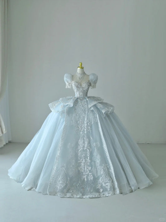Princess Ball Gown Sweetheart Blue Tulle With Ruffled Puffy Sleeves Groom Bride Gown Bridal Dress Modest Wedding Dresses RB7688