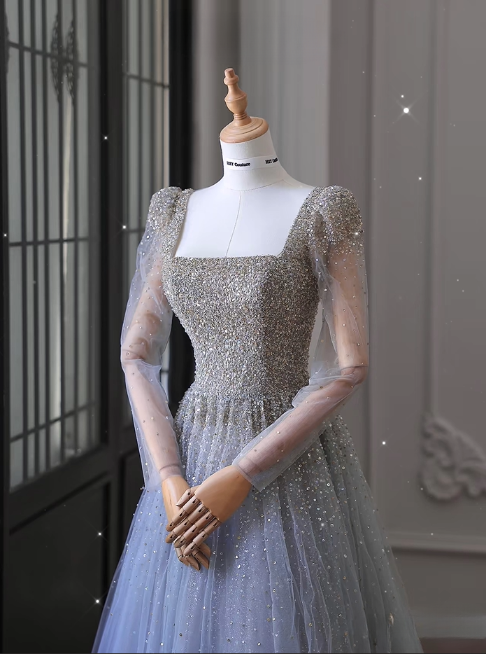 Elegant A Line Square Neck Tulle Sequin Long Sleeves Floor Length Prom Dress Inspiration Prom Dresses AU077