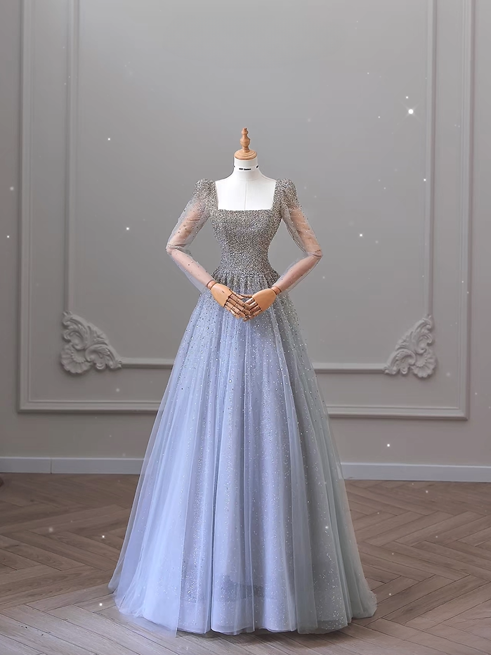 Elegant A Line Square Neck Tulle Sequin Long Sleeves Floor Length Prom Dress Inspiration Prom Dresses AU077