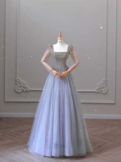 Elegant A Line Square Neck Tulle Sequin Long Sleeves Floor Length Prom Dress Inspiration Prom Dresses AU077