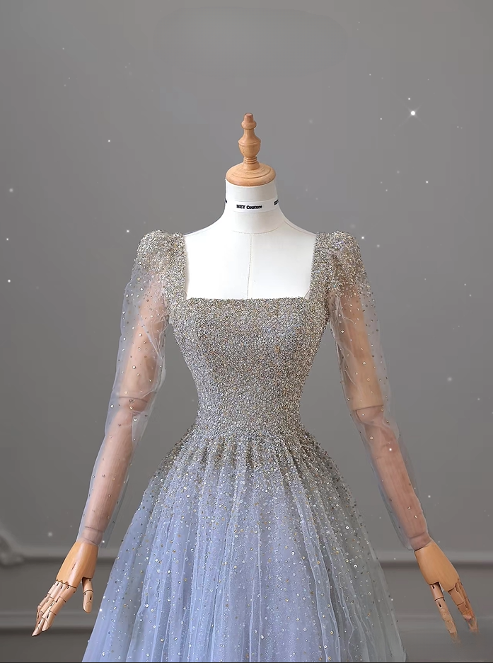 Elegant A Line Square Neck Tulle Sequin Long Sleeves Floor Length Prom Dress Inspiration Prom Dresses AU077