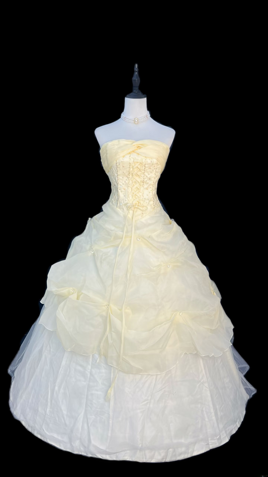 Vintage Ballkleid, trägerlos, gelber Tüll, Inspiration für formelle Abendkleider, Party-Outfits, Ideen für Ballkleider AU084