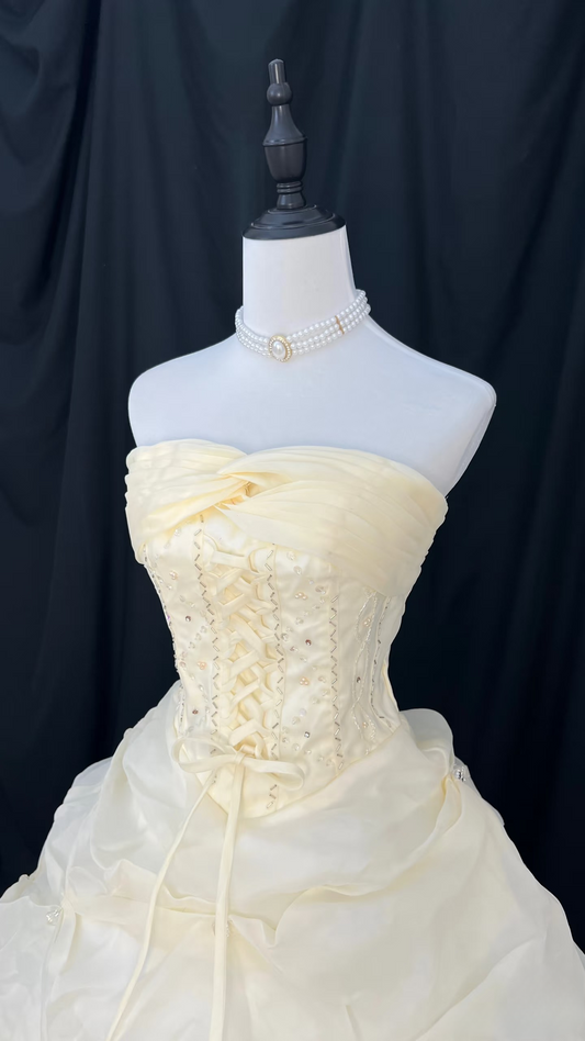 Vintage Ballkleid, trägerlos, gelber Tüll, Inspiration für formelle Abendkleider, Party-Outfits, Ideen für Ballkleider AU084