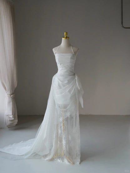 Sexy Mermaid Halter Tulle White Lace With Ruffled Groom Bride Gown Bridal Dress Modest Wedding Dresses RB7694