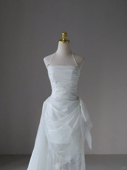 Sexy Mermaid Halter Tulle White Lace With Ruffled Groom Bride Gown Bridal Dress Modest Wedding Dresses RB7694