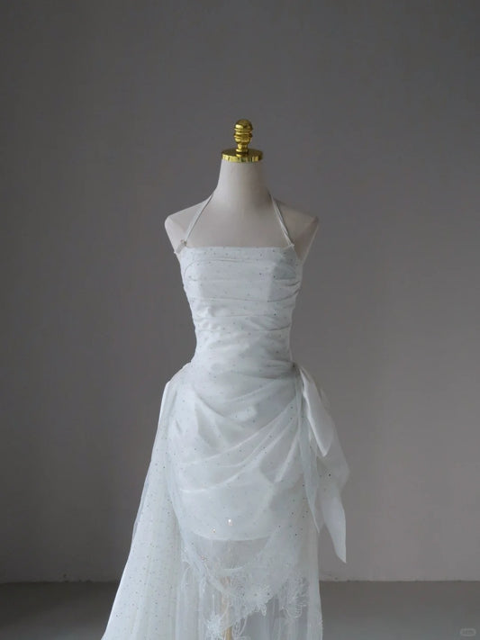 Sexy Mermaid Halter Tulle White Lace With Ruffled Groom Bride Gown Bridal Dress Modest Wedding Dresses RB7694