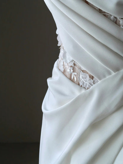Sexy Mermaid One Shoulder Tulle White Lace With Ruffled Groom Bride Gown Bridal Dress Modest Wedding Dresses RB7696