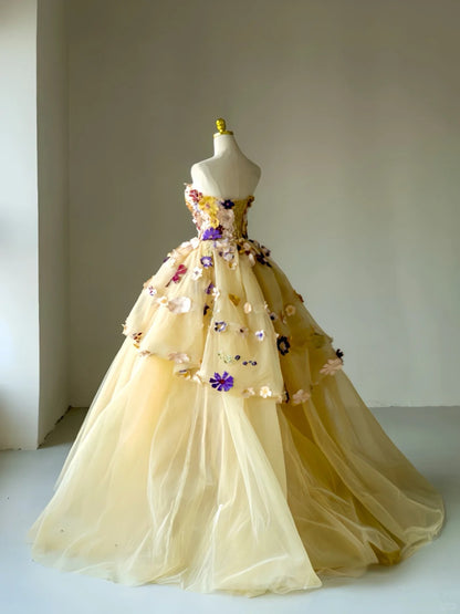 Modest Ball Gown Strapless Yellow Tulle Prom Dresses With Flowers Long Evening Party Formal Outfits RB6583