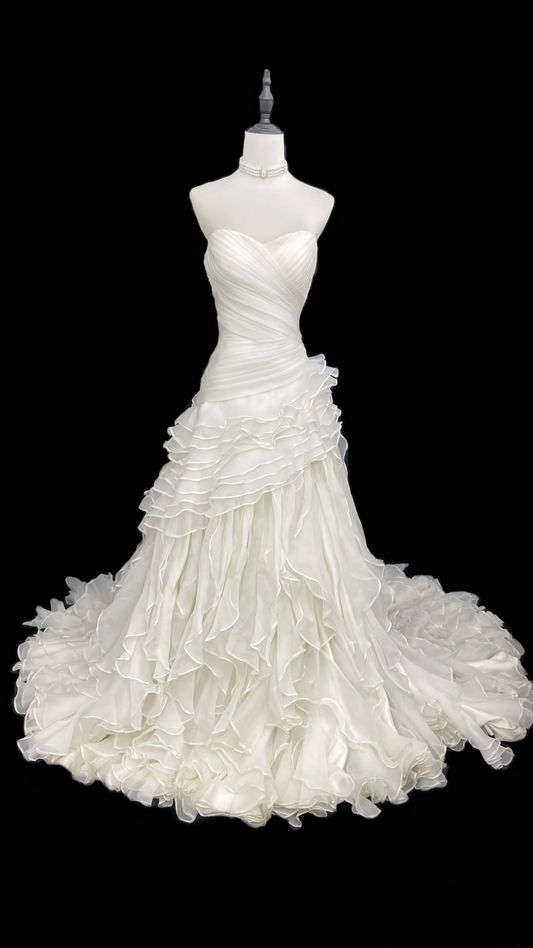 Retro Mermaid Strapless Chiffon 60s White Fitted Corset Long Wedding Dress Bride Gowns Wedding Dresses AU095