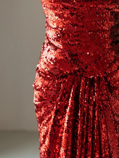 Glitter Mermaid Strapless Burgundy Sequined With Ruffled Prom Dresses Long Evening Party Formal Outfits RB6584