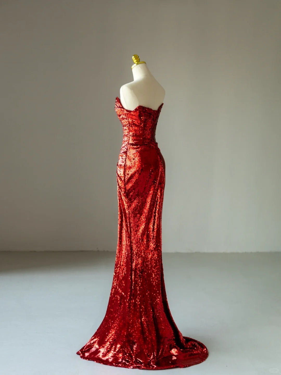 Glitter Mermaid Strapless Burgundy Sequined With Ruffled Prom Dresses Long Evening Party Formal Outfits RB6584