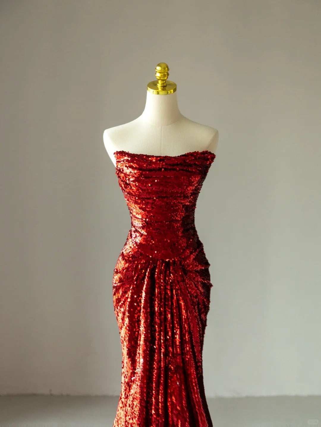 Glitter Mermaid Strapless Burgundy Sequined With Ruffled Prom Dresses Long Evening Party Formal Outfits RB6584