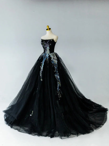 Modest Ball Gown Strapless Little Black Tie Tulle Prom Dresses With Beading Long Evening Party Formal Outfits RB6585