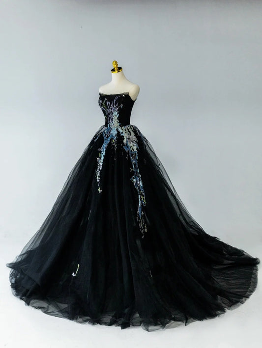 Dezentes schulterfreies Ballkleid, kleines schwarzes Tüll-Abendkleid für formelle Anlässe mit Perlenstickerei, lang, RB6585