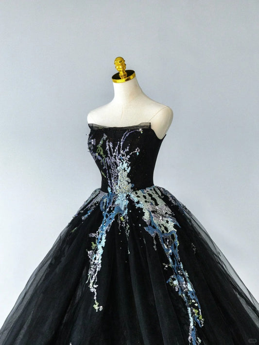 Dezentes schulterfreies Ballkleid, kleines schwarzes Tüll-Abendkleid für formelle Anlässe mit Perlenstickerei, lang, RB6585