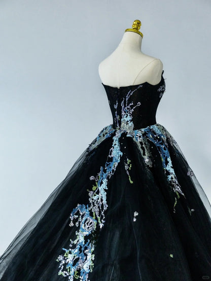 Modest Ball Gown Strapless Little Black Tie Tulle Prom Dresses With Beading Long Evening Party Formal Outfits RB6585