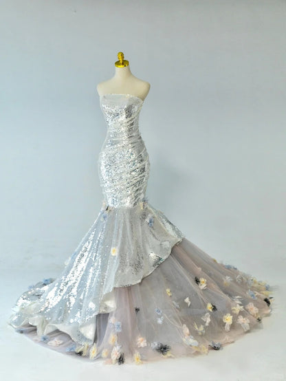 Glitter Mermaid Strapless Silver Gray Sequined With Flowers Prom Dresses Long Evening Party Formal Outfits RB6586