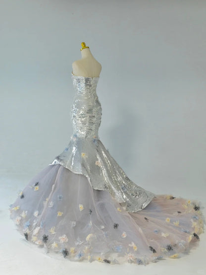 Glitter Mermaid Strapless Silver Gray Sequined With Flowers Prom Dresses Long Evening Party Formal Outfits RB6586