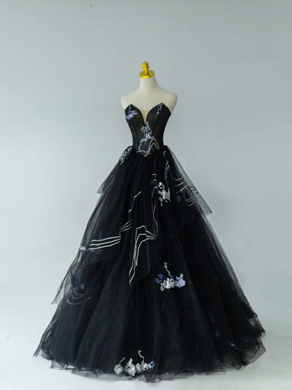Modest Ball Gown Sweetheart Little Black Tie Tulle Prom Dresses With Beading Long Evening Party Formal Outfits RB6587