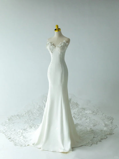 Charming Mermaid Sweetheart White Lace With Ruffled Groom Bride Gown Bridal Dress Modest Wedding Dresses RB7698