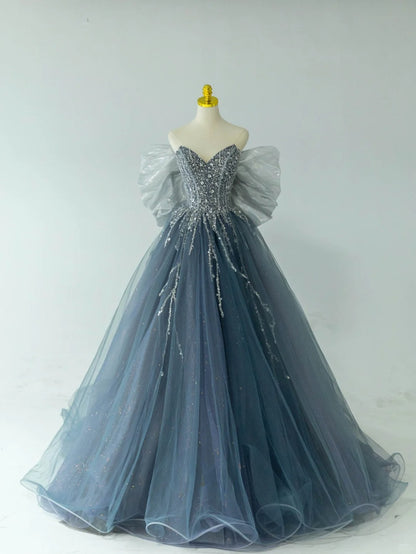 Modest Ball Gown Sweetheart Dusty Blue Gray Tulle Prom Dresses With Beading Bow Long Evening Party Formal Outfits RB6588